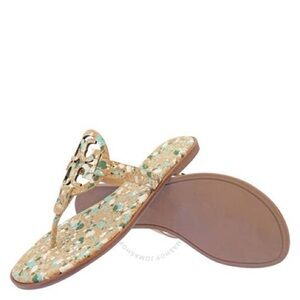Gold and Brown Thong Sandals with Floral Design
